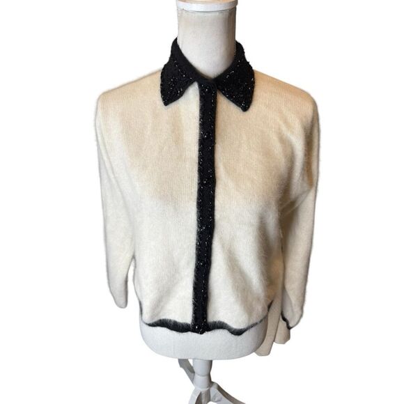 RAPHELLA VINTAGE ANGORA HAIR And LAMBS WOOL BUTTON DOWN BEADED SWEATER SZ M - Picture 1 of 4